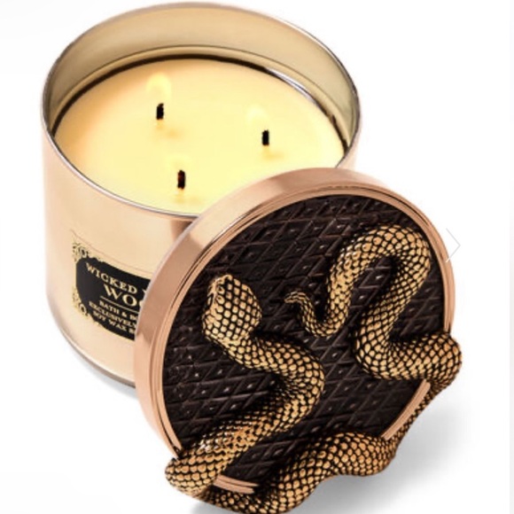 RARE Bath & Body Works Wicked Vanilla Woods 3-Wick Candle with Glass& Snake Lid - Picture 1 of 9